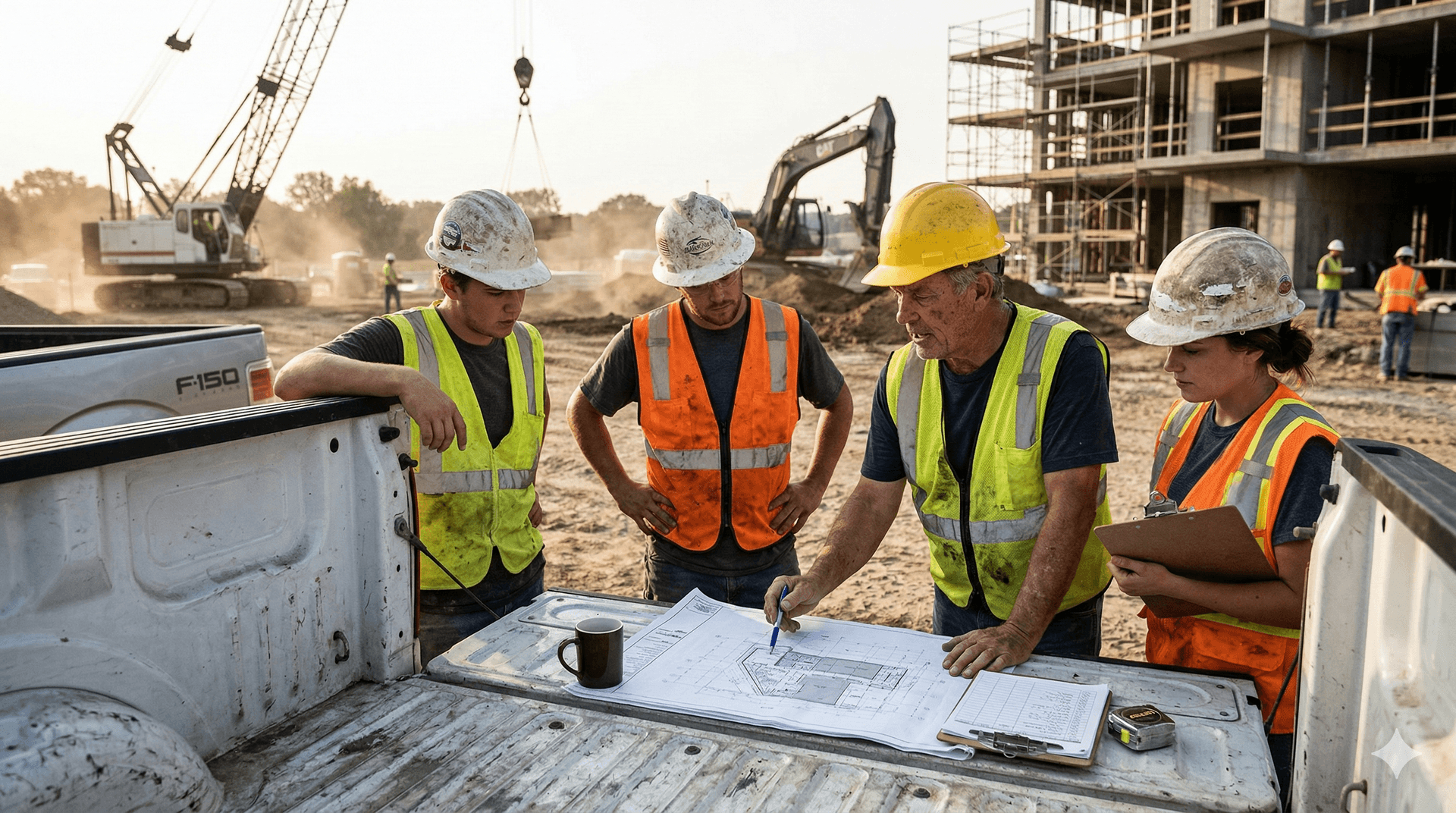 Construction crew reviewing plans at truck tailgate
