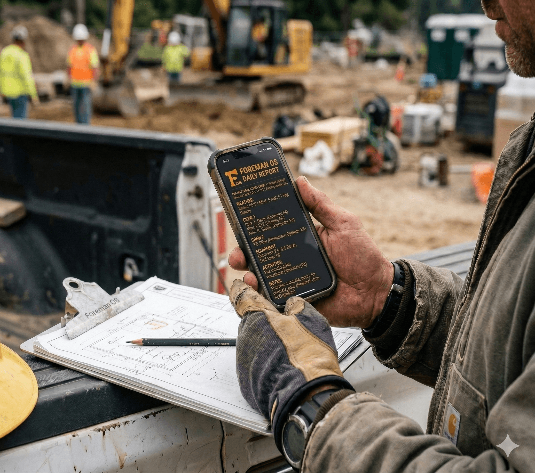 Field worker using ForemanOS daily report on phone at tailgate
