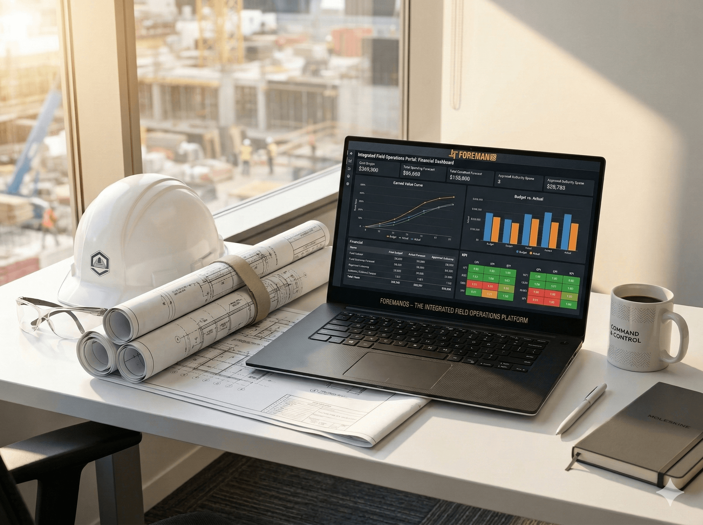 ForemanOS dashboard on laptop with hard hat and blueprints