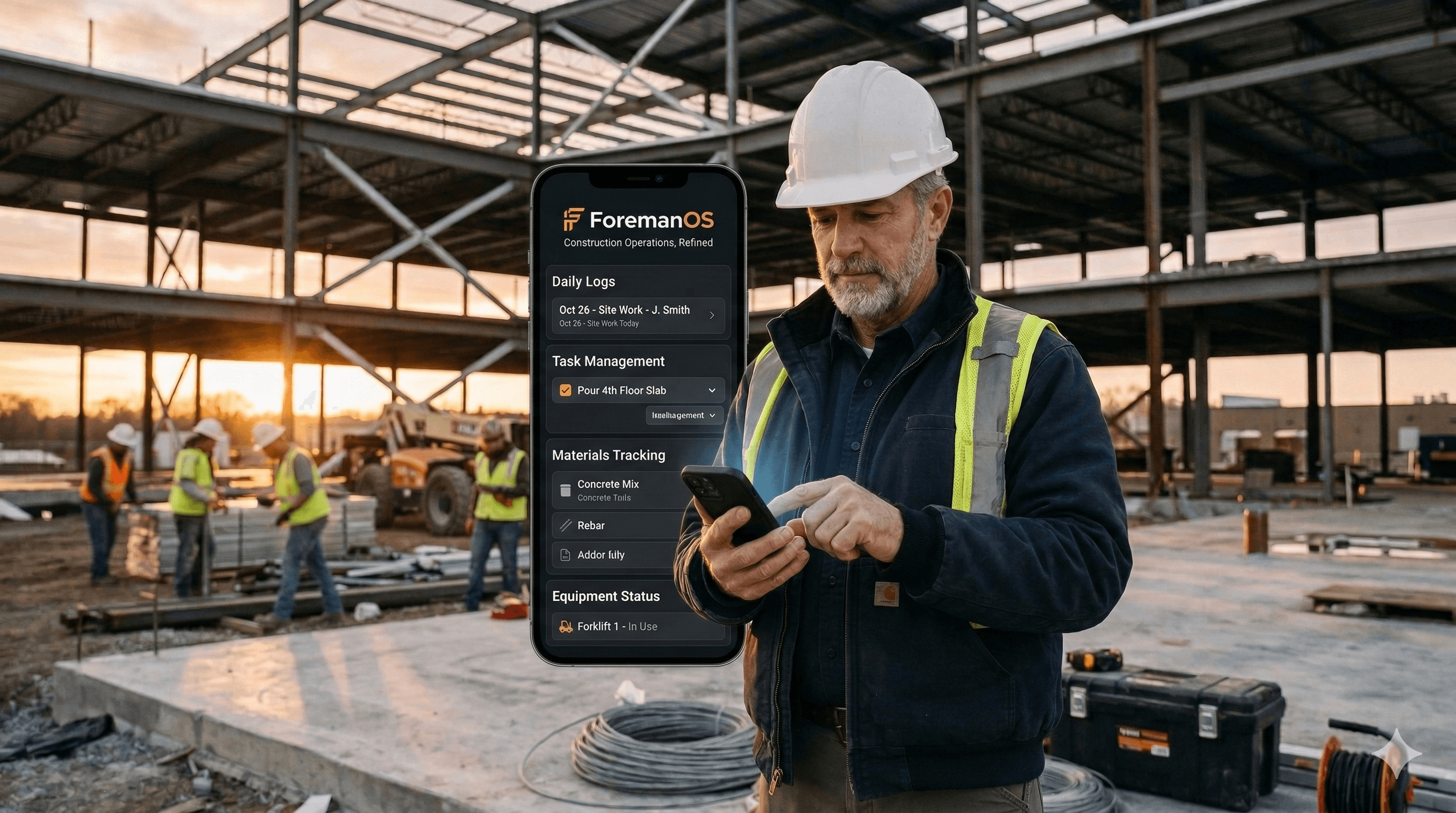 Superintendent using ForemanOS mobile app on jobsite