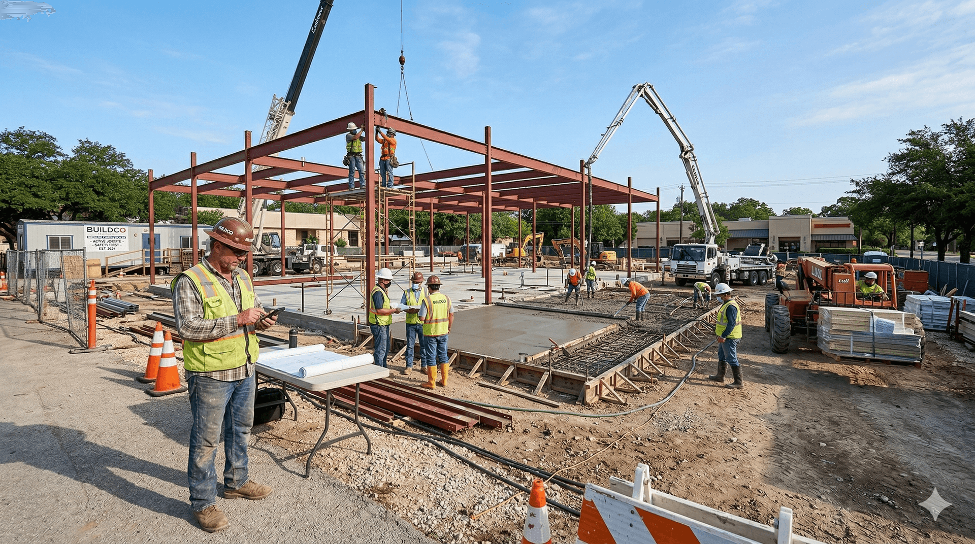 Steel erection panorama on construction site